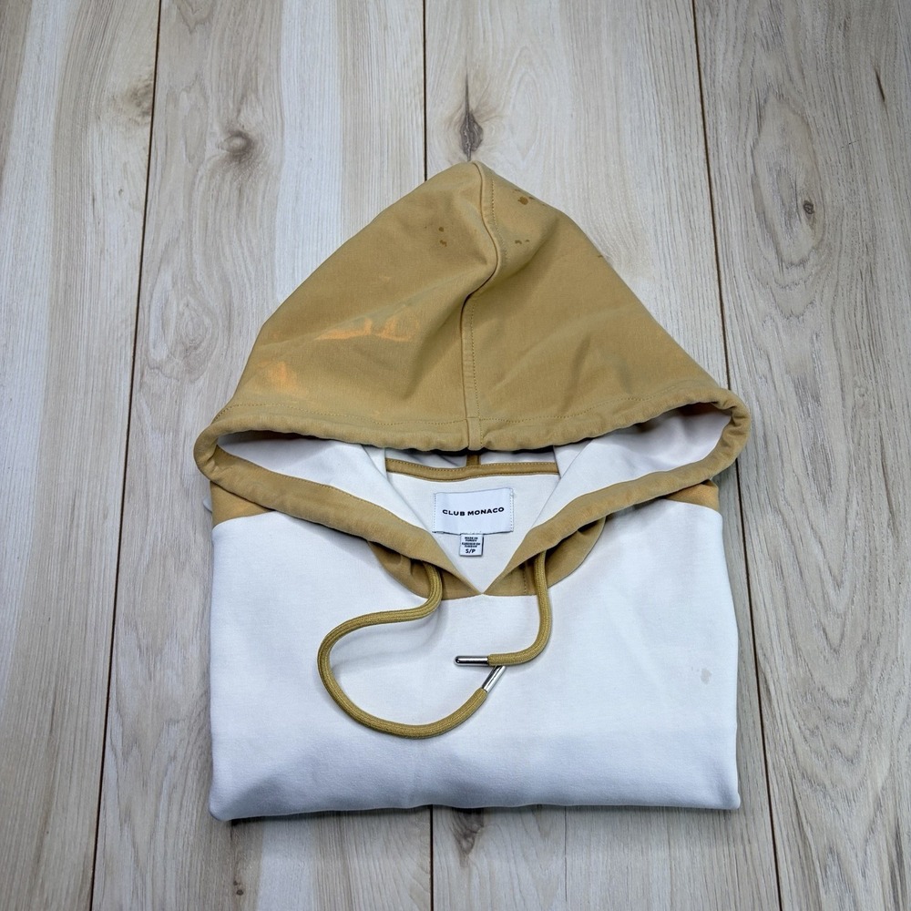Club Monaco Mens ColorBlock Double Face Hoodie White Tan Size Small Pouch Pocket